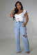  Fashion Loose Light Blue Denim Pants Wide Leg Ripped Jeans for Women