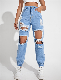  High Waisted Scratch Holes Non-Stretch Quality Elastane Bottom Hem New Fashion Lady Jeans Light-Blue Boyfrind Fit Jeans