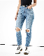 High-Waisted Skinny Denim Jeans with Cut Hole in Knee
