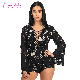 Women Stylish Black Crochet Bell Sleeve Lace up Neck Romper