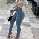  Women Straight Fit Raw Hem Denim Pants Long Length Front Legs with Big Damage Holes Oblique Fly Fashion Jeans