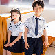  New Children′s Light Blue Striped Wide Collar Shirt Suit School Uniform