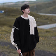  Men Sweater Loose Pullover Fashion Design Splice Sweater Round Neck