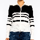  Spring Knitted V-Neck Black White Striped Zipper Jacket Long Sleeve Cardigan for Women