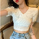  Summer Women Knitted V-Neck Short-Sleeved T-Shirt Crop Top Sweater