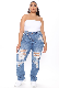  Women MID Blue Raw Hem Denim Pants Straight Fit Long Length Front Legs with Big Damage Holes Oblique Fly Fashion Jeans