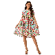  Custom O-Neck Colorful Printed Short Sleeve Woven Pleated Women Long Dresses
