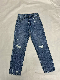  Fashion Whiskers Enzyme Washed Ripped Bead Basic Blue Denim Women Jeans