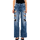 Custom Diamond Heart by Hand-Sewing Blue High-Waisted Wide Leg Jeans for Women