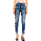  Custom Navy Blue Rhinestone Striped High Waisted Ripped Womens Skinny Jeans