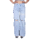  Custom Breathable Light Blue Straight Ripped Loose Raw Hem Mom Women Jeans