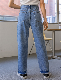  New Fashion Light Whiskers on Front Raw Edge High-Waist Straight Leg Ladies Jeans Design