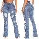  L99917 Women Eyelet Rope Elasticity Ripped Denim Trousers