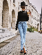  OEM&ODM Middle Blue Color Cut Seam and Split on Front Side The Bottom Have Remove The Stitching After Washing New Fashion Design Denim Lady Jeans