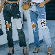  Colorblock Patchwork Ripped Hole Crop Straight Jeans