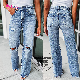  Fashion Ladies Casual Boyfriend Pants Sky Blue Washed Ripped Wide Leg Casual Comfort Denim High Waist Jeans