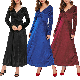  New Fashion Women Autumn Winter Slim High Waist V-Neck Soft Pleuche Long Sleeve Long Dress Cocktail Party Dance Dress