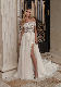  Elegant Detachable off Shoulder Sleeve Beaded Lace White A Line Bridal Dress for Wedding