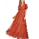  Plus Size Women′s V Neck Pleated Lace up Tiered A Line Chiffon Maxi Formal Dresses Luxury Wedding Dresses 2023