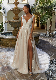  Sleeveless Deep V Neckline Beaded Lace A Line Long Train Champagne Wedding Gown