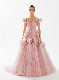  Luxury off Shoulder Pleated Tulle Flowers Appliqued Pink Wedding Dresses