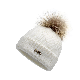  Cozy Winter White Knit Ribbed Cuff Beanie with Faux Fur POM