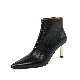  Fashion Pointed Toe Black Leather Side Zipper Metal High Heel Ankle Boots for Women