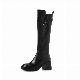  Women′s Black Leather Square Toe Side Zipper Buckle Strap Blocked MID Heel Knee High Boots
