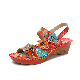  Genuine Leather Handmade Stitching Comfy Bohemian Flowers Decor Hook & Loop Wedges Sandals