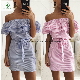 Newest off-Shoulder Flounce Striped Slim Fashion Ladies Dress with Belt