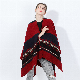 Hot Red Striped Acrylic Poncho Shawl Geometric Jacquard Pattern Print Women Cape