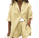  Summer Women′s Casual Two Pieces Tracksuit Shirt Breathable Linen Shorts Set