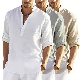 Wholesale Men′s Regular-Fit Mandarin Collar Linen Shirt Summer Half Long Sleeve Viscose Button Down Linen Casual Shirts manufacturer