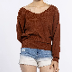 Custom V Neck Brown Knit Female Top Ribbed Hem Backless Women Casual Knitted Shirts manufacturer